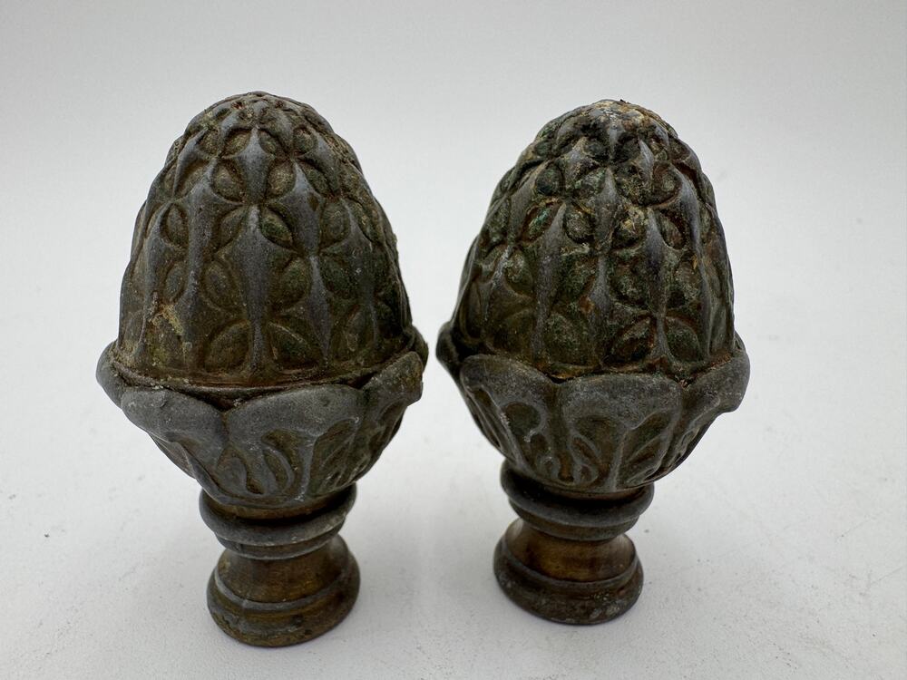 Vintage Finials Set of 2 1960s Cast Metal, Acorn or Pineapple